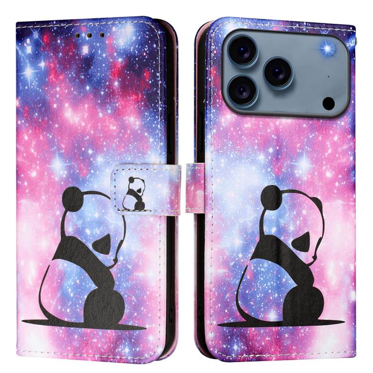 For iPhone 17 Pro Max Colored Drawing Pattern Plain Weave Leather Phone Case(Baby Panda)