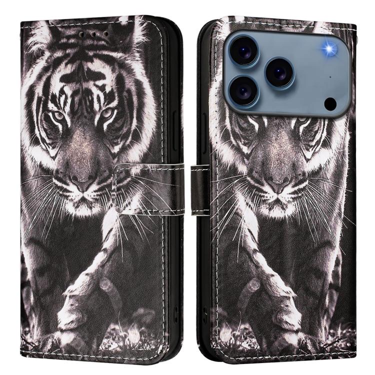 For iPhone 17 Pro Max Colored Drawing Pattern Plain Weave Leather Phone Case(Black And White Tiger)
