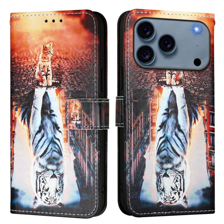 For iPhone 17 Pro Max Colored Drawing Pattern Plain Weave Leather Phone Case(Cats And Tigers)