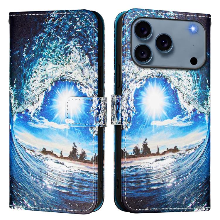 For iPhone 17 Pro Max Colored Drawing Pattern Plain Weave Leather Phone Case(Waves And Sun)