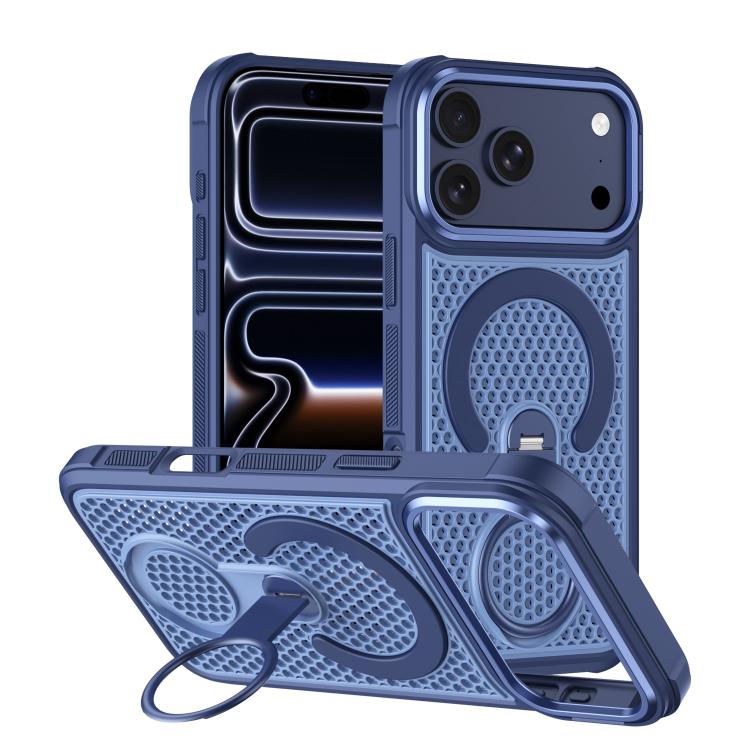 For iPhone 17 Pro Max Colorful Hollowed Cooling 360 Degree Rotation Ring Holder Magnetic Phone Case(Blue)