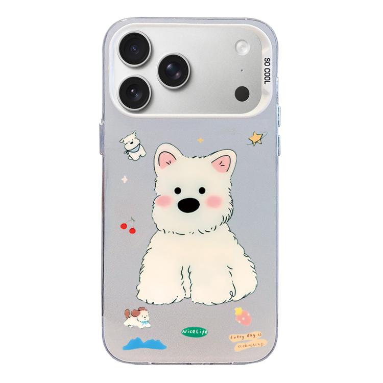 For iPhone 17 Pro Max Colorful Silver Pattern PC Hybrid TPU Phone Case(Cute White Dog)