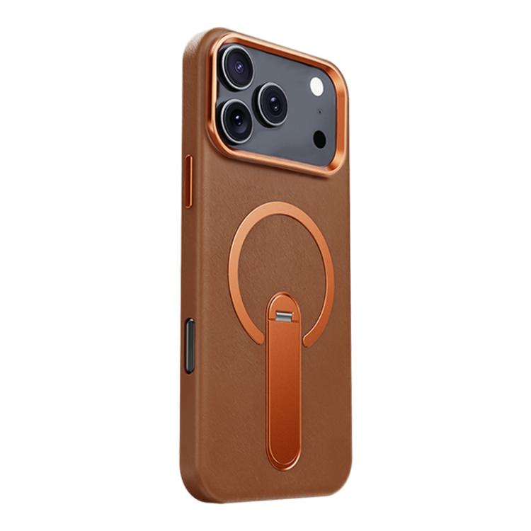 For iPhone 17 Pro Max Contrast Color 360 Degree Rotation Invisible Holder Fine Circle Magnetic Phone Case(Brown)