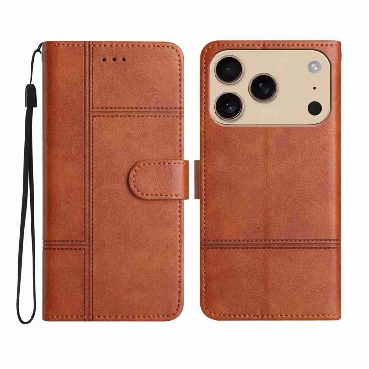 For iPhone 17 Pro Max Cowhide Texture Stitching Leather Phone Case(Brown)
