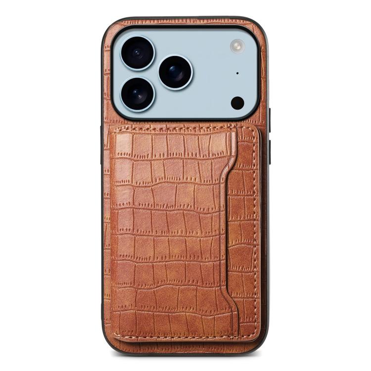 For iPhone 17 Pro Max Crocodile Texture Card Bag Design Full Coverage Phone Case(Brown)