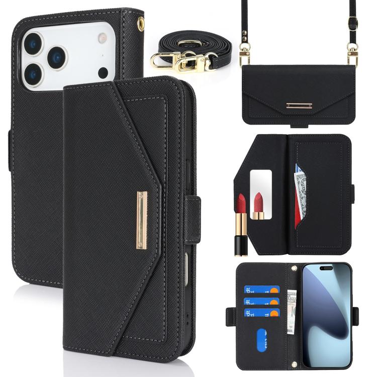 For iPhone 17 Pro Max Cross Texture Crossbody Lanyard Leather Phone Case(Black)