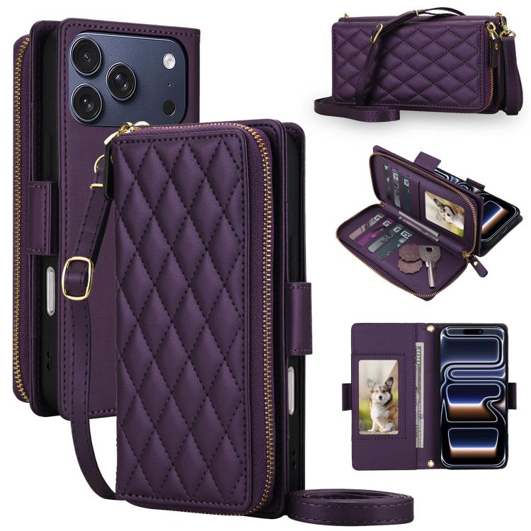 For iPhone 17 Pro Max Crossbody Diamond Lattice Zipper Wallet RFID Vegan Leather Phone Case(Dark Purple)