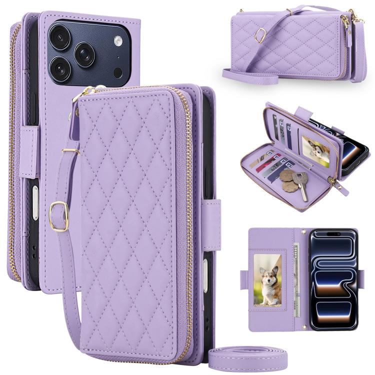 For iPhone 17 Pro Max Crossbody Diamond Lattice Zipper Wallet RFID Vegan Leather Phone Case(Light Purple)