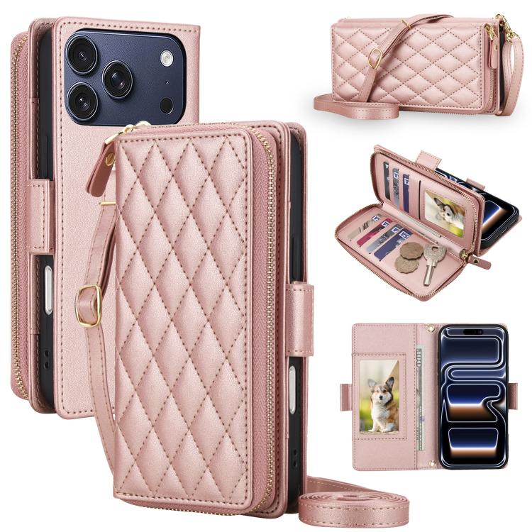 For iPhone 17 Pro Max Crossbody Diamond Lattice Zipper Wallet RFID Vegan Leather Phone Case(Rose Gold)