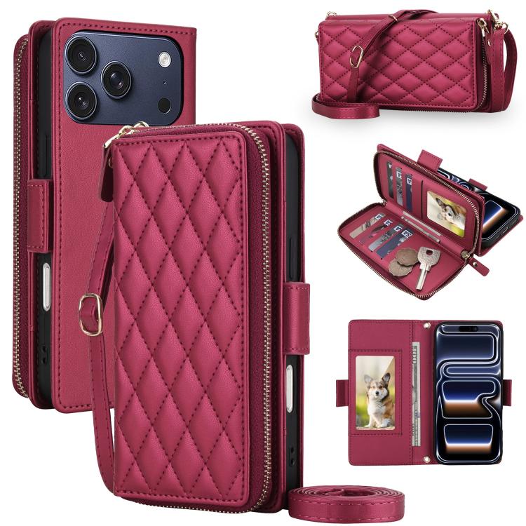 For iPhone 17 Pro Max Crossbody Diamond Lattice Zipper Wallet RFID Vegan Leather Phone Case(Wine Red)