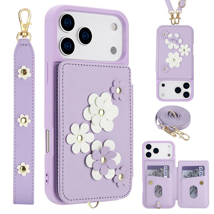 For iPhone 17 Pro Max Crossbody Flower Pattern Leather Phone Case(Purple)