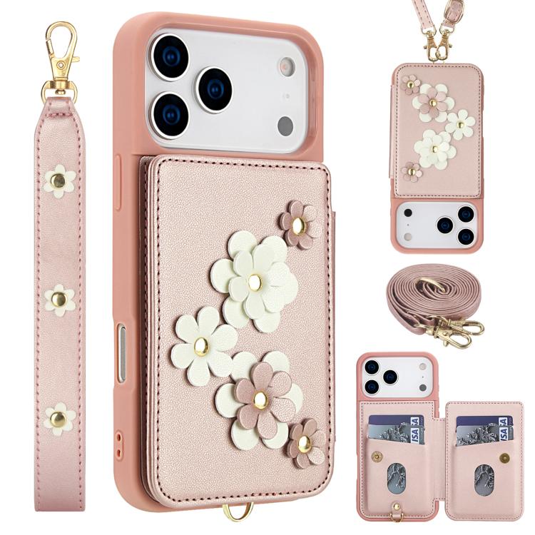 For iPhone 17 Pro Max Crossbody Flower Pattern Leather Phone Case(Rose Gold)
