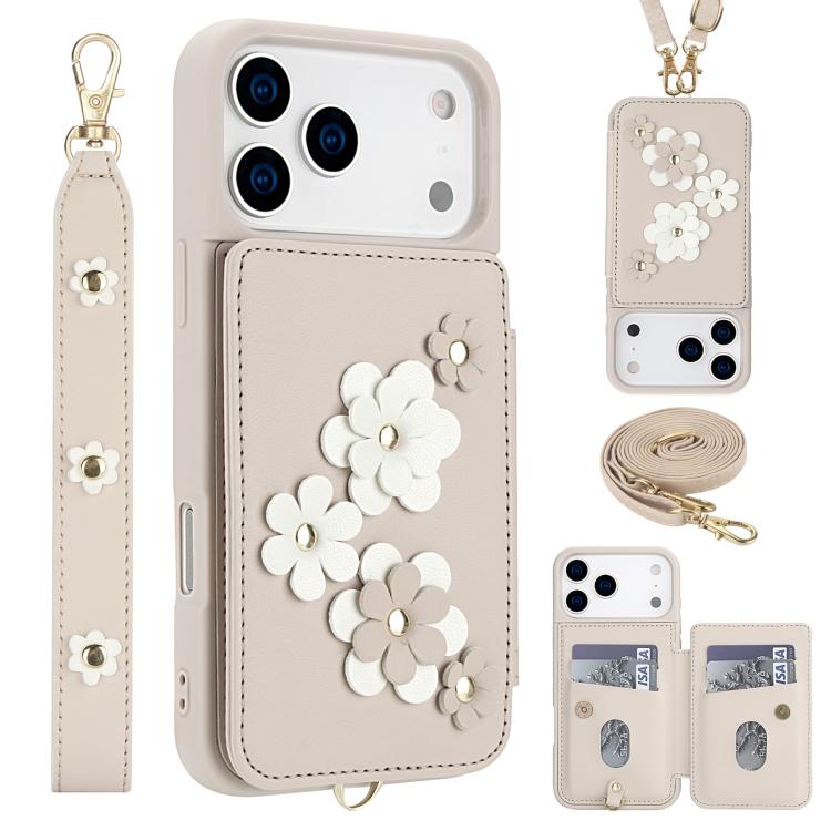For iPhone 17 Pro Max Crossbody Flower Pattern Leather Phone Case(White)