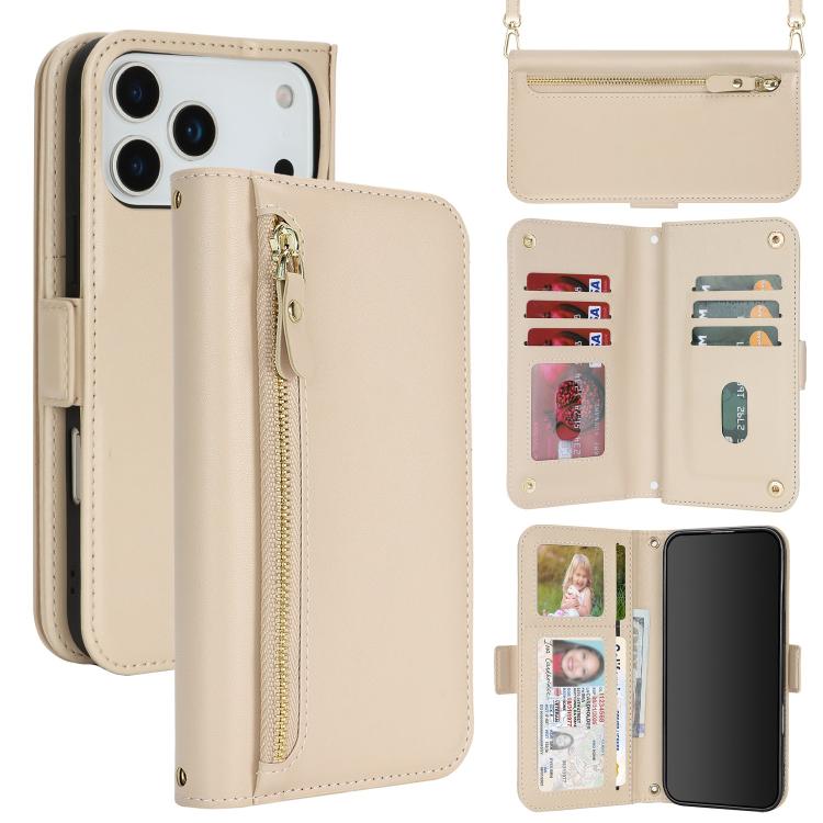 For iPhone 17 Pro Max Crossbody Front Zipper Multi-Card Wallet Bag Vegan Leather Phone Case(Beige)