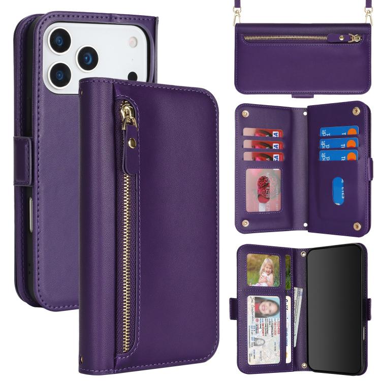 For iPhone 17 Pro Max Crossbody Front Zipper Multi-Card Wallet Bag Vegan Leather Phone Case(Dark Purple)