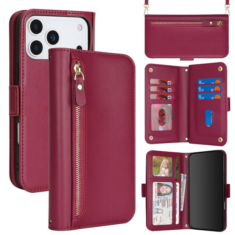 For iPhone 17 Pro Max Crossbody Front Zipper Multi-Card Wallet Bag Vegan Leather Phone Case(Dark Red)