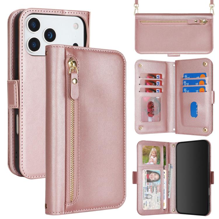 For iPhone 17 Pro Max Crossbody Front Zipper Multi-Card Wallet Bag Vegan Leather Phone Case(Rose Gold)