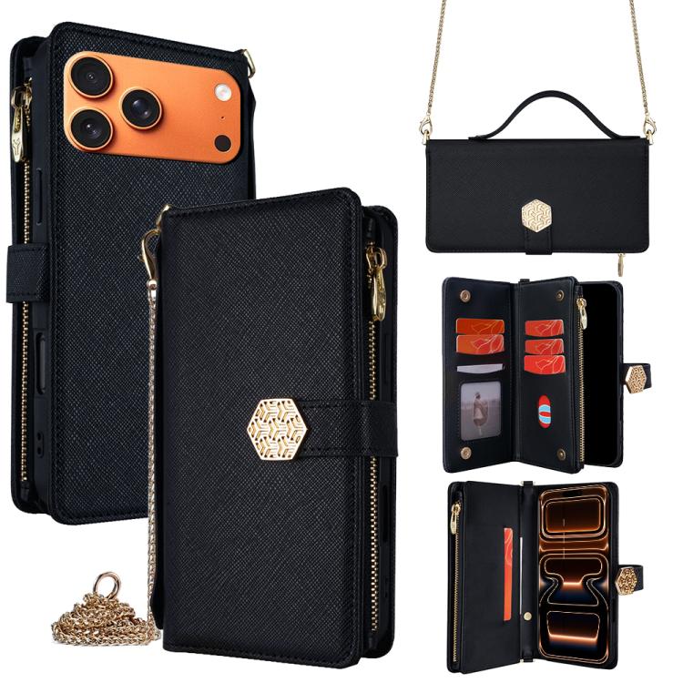 For iPhone 17 Pro Max Crossbody Handle Cross Texture Leather Phone Case(Black)