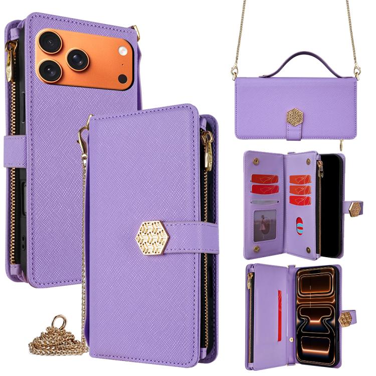 For iPhone 17 Pro Max Crossbody Handle Cross Texture Leather Phone Case(Purple)