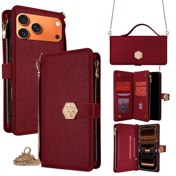 For iPhone 17 Pro Max Crossbody Handle Cross Texture Leather Phone Case(Red)