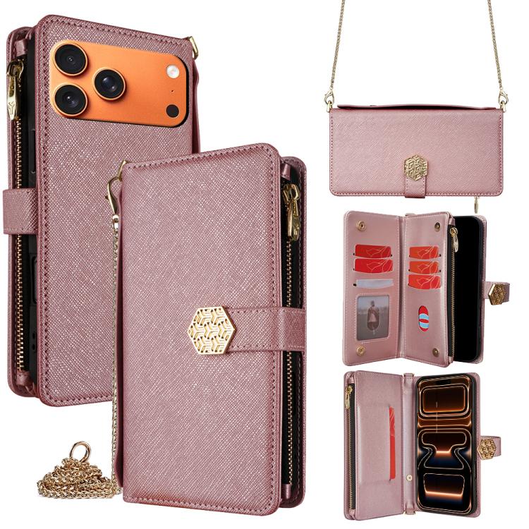 For iPhone 17 Pro Max Crossbody Handle Cross Texture Leather Phone Case(Rose Gold)