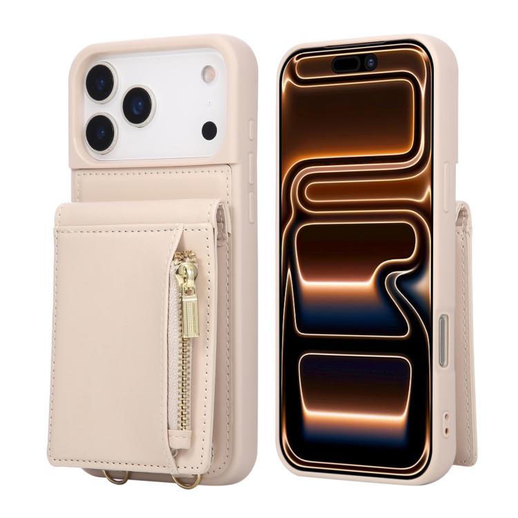 For iPhone 17 Pro Max Crossbody Lanyard Zipper Wallet Leather Phone Case(Beige)