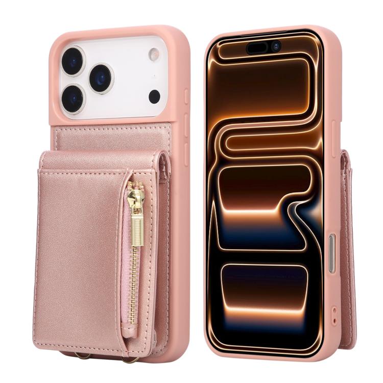 For iPhone 17 Pro Max Crossbody Lanyard Zipper Wallet Leather Phone Case(Rose Gold)