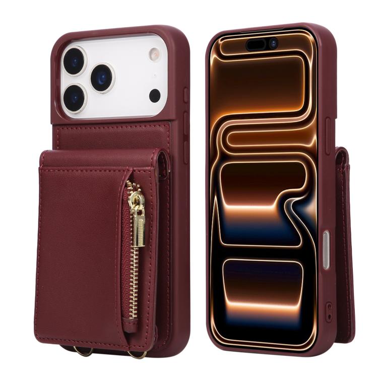 For iPhone 17 Pro Max Crossbody Lanyard Zipper Wallet Leather Phone Case(Wine Red)