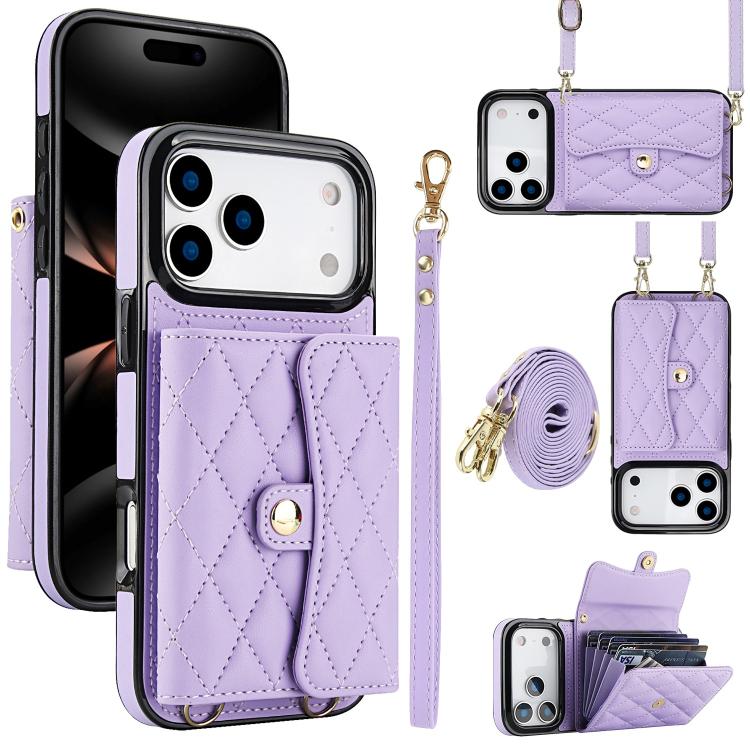 For iPhone 17 Pro Max Crossbody Rhombic Horizontal Wallet Leather Phone Case(Purple)