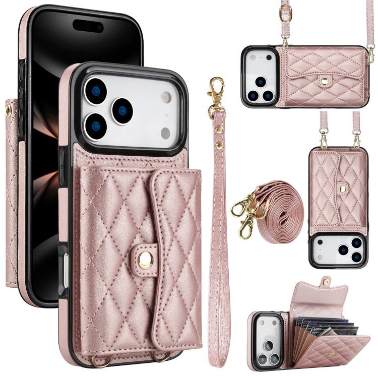For iPhone 17 Pro Max Crossbody Rhombic Horizontal Wallet Leather Phone Case(Rose Gold)