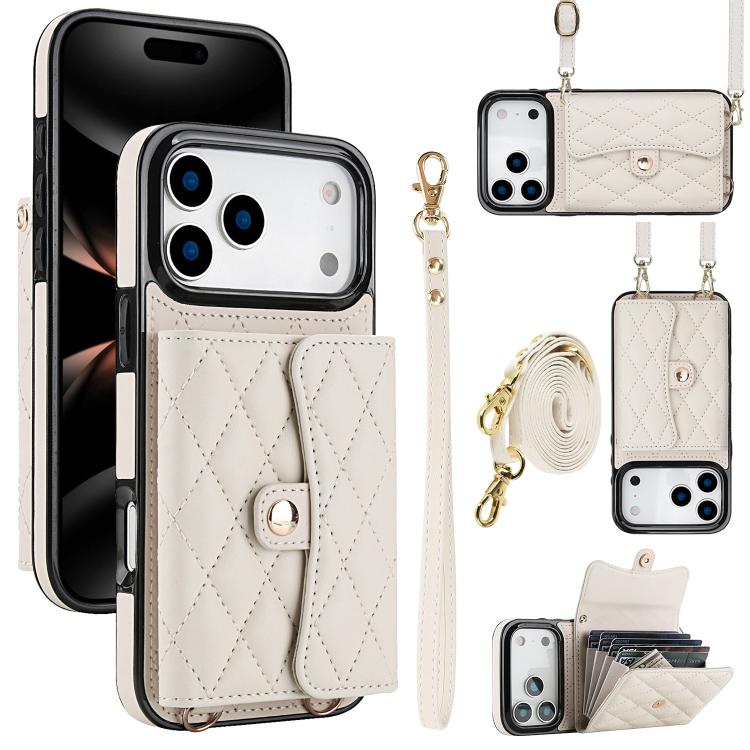 For iPhone 17 Pro Max Crossbody Rhombic Horizontal Wallet Leather Phone Case(White)