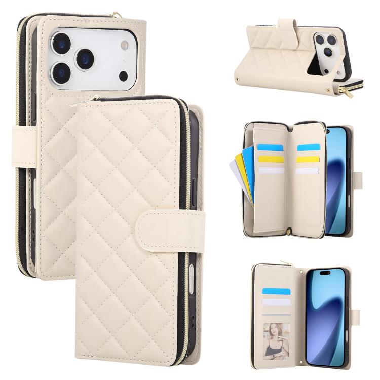 For iPhone 17 Pro Max Crossbody Rhombic Zipper Tower Buckle Leather Phone Case with Lanyard(Beige)