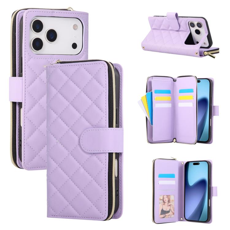 For iPhone 17 Pro Max Crossbody Rhombic Zipper Tower Buckle Leather Phone Case with Lanyard(Purple)