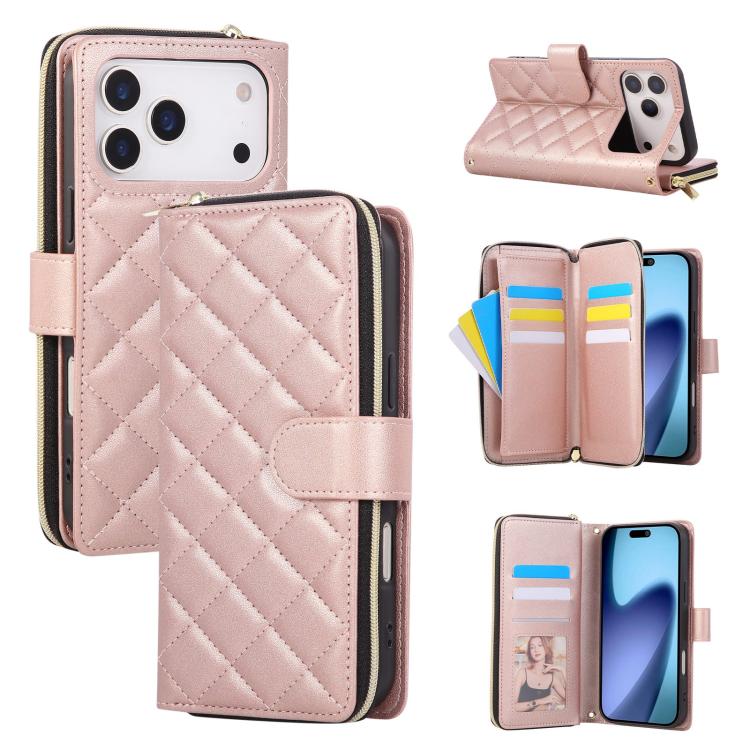 For iPhone 17 Pro Max Crossbody Rhombic Zipper Tower Buckle Leather Phone Case with Lanyard(Rose Gold)