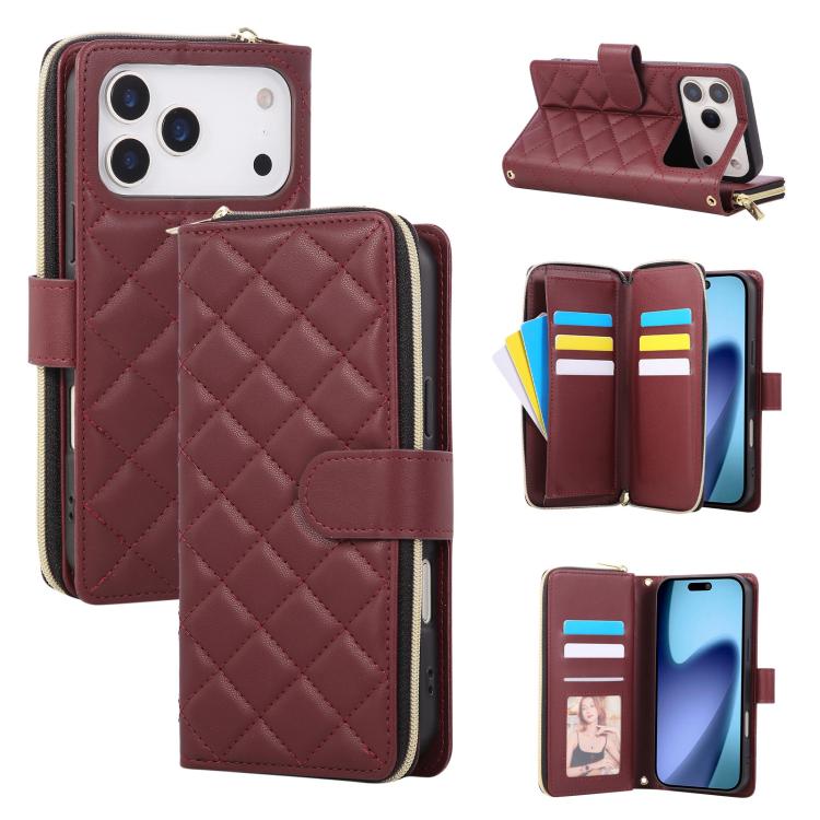 For iPhone 17 Pro Max Crossbody Rhombic Zipper Tower Buckle Leather Phone Case with Lanyard(Wine Red)