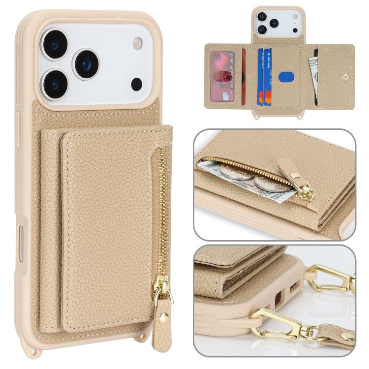 For iPhone 17 Pro Max Crossbody Zipper Wallet Ring Holder Litchi Leather Phone Case(Apricot)