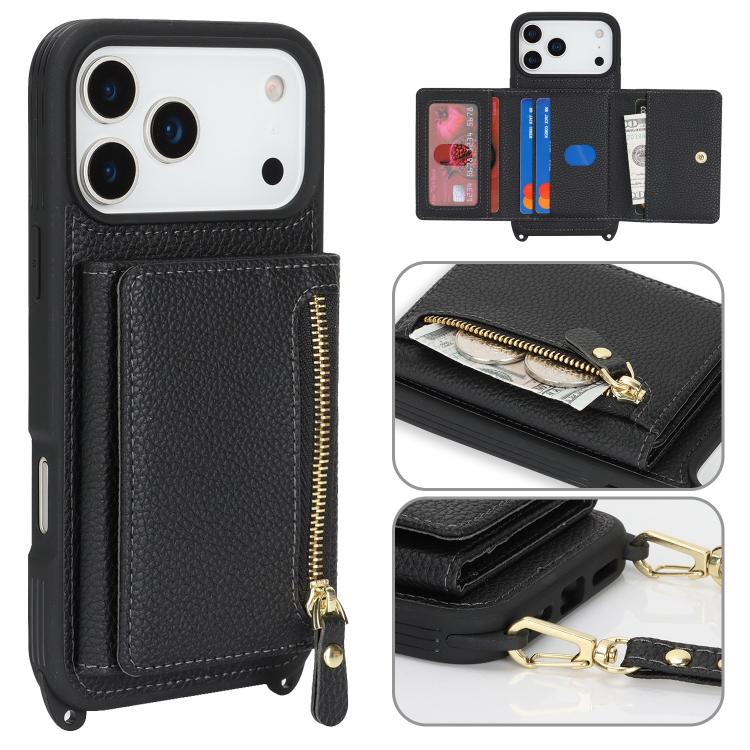 For iPhone 17 Pro Max Crossbody Zipper Wallet Ring Holder Litchi Leather Phone Case(Black)