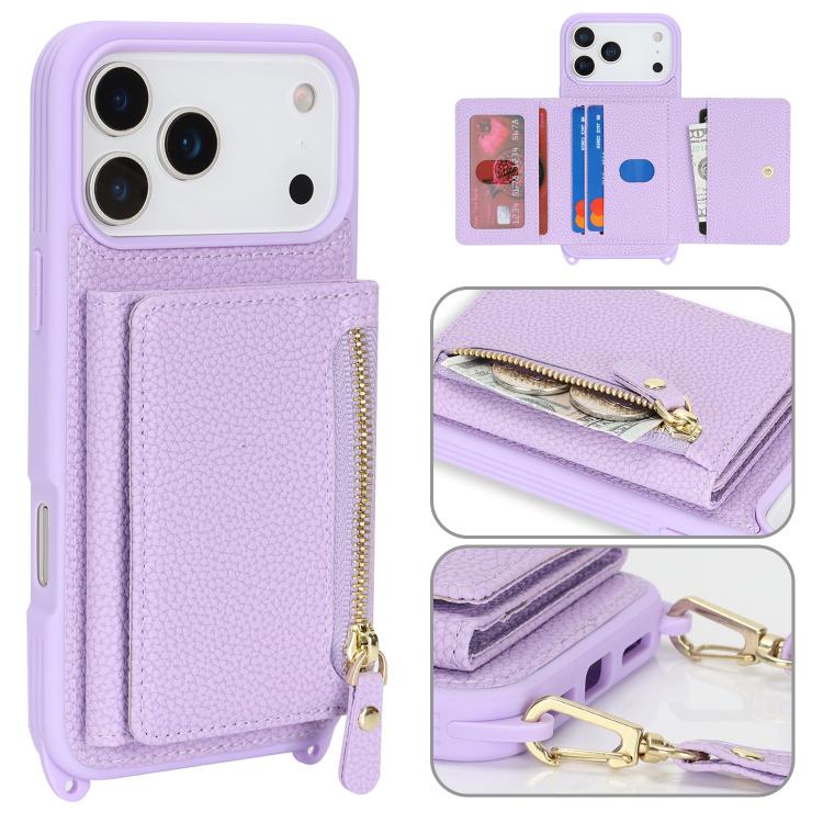 For iPhone 17 Pro Max Crossbody Zipper Wallet Ring Holder Litchi Leather Phone Case(Purple)