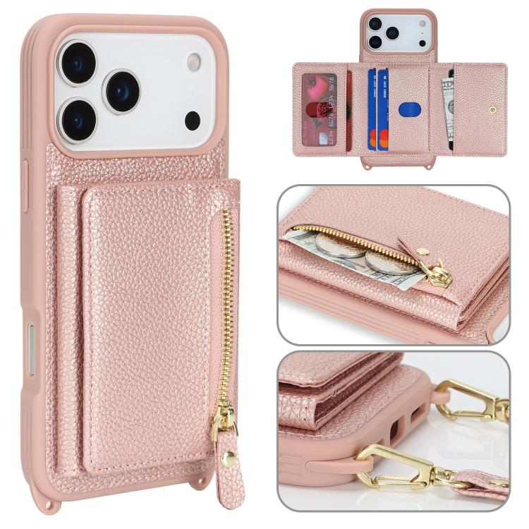 For iPhone 17 Pro Max Crossbody Zipper Wallet Ring Holder Litchi Leather Phone Case(Rose Gold)