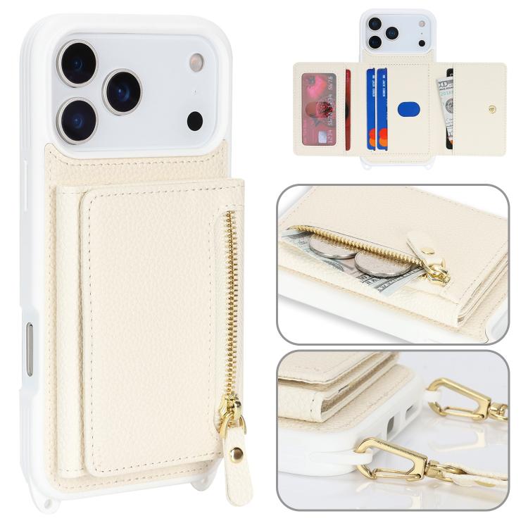For iPhone 17 Pro Max Crossbody Zipper Wallet Ring Holder Litchi Leather Phone Case(White)