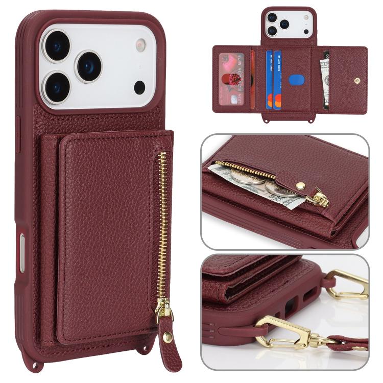 For iPhone 17 Pro Max Crossbody Zipper Wallet Ring Holder Litchi Leather Phone Case(Wine Red)