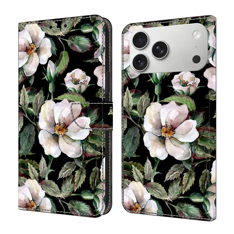 For iPhone 17 Pro Max Crystal-Like Painted Vegan Leather Phone Case(Big Flower)