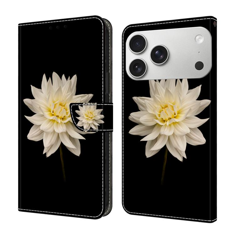 For iPhone 17 Pro Max Crystal-Like Painted Vegan Leather Phone Case(Black Background White Flowers)