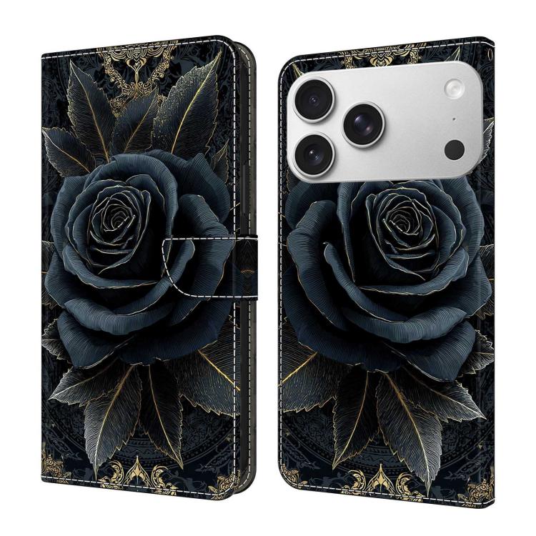 For iPhone 17 Pro Max Crystal-Like Painted Vegan Leather Phone Case(Black Gold Rose)