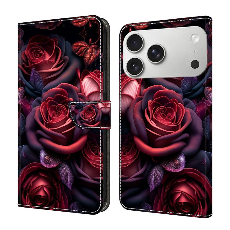 For iPhone 17 Pro Max Crystal-Like Painted Vegan Leather Phone Case(Black Rose)