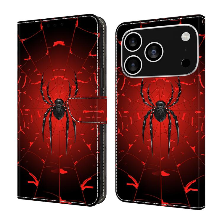 For iPhone 17 Pro Max Crystal-Like Painted Vegan Leather Phone Case(Black Spider)