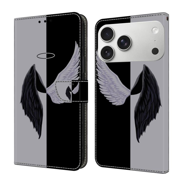 For iPhone 17 Pro Max Crystal-Like Painted Vegan Leather Phone Case(Black White Wings)