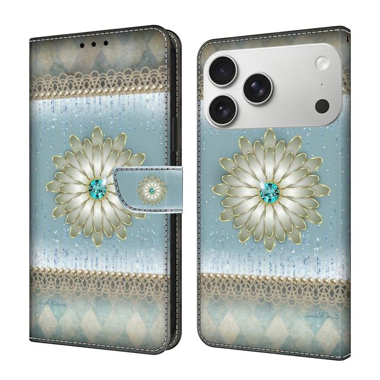 For iPhone 17 Pro Max Crystal-Like Painted Vegan Leather Phone Case(Blue Diamond Flower)