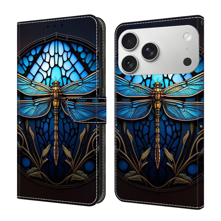 For iPhone 17 Pro Max Crystal-Like Painted Vegan Leather Phone Case(Blue Dragonfly)
