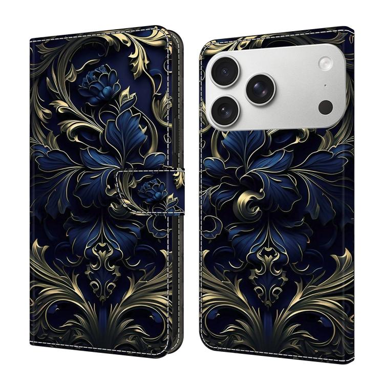 For iPhone 17 Pro Max Crystal-Like Painted Vegan Leather Phone Case(Blue Flower)